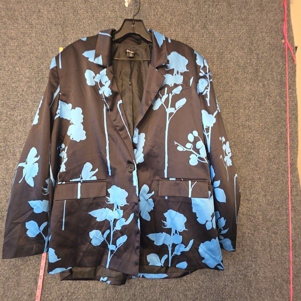 Nasty Gal Blazer Jacket Womens 4 Black Blue Floral Satin Single Button Lined